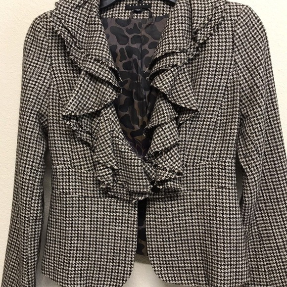 Sisley Brown Houndstooth Cropped Blazer Size2/36 Ruffled Vintage - Picture 3 of 5